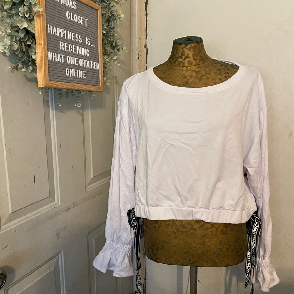 Karl Lagerfeld White Knit Crop Top with side tied and belle sleeves Size Xl